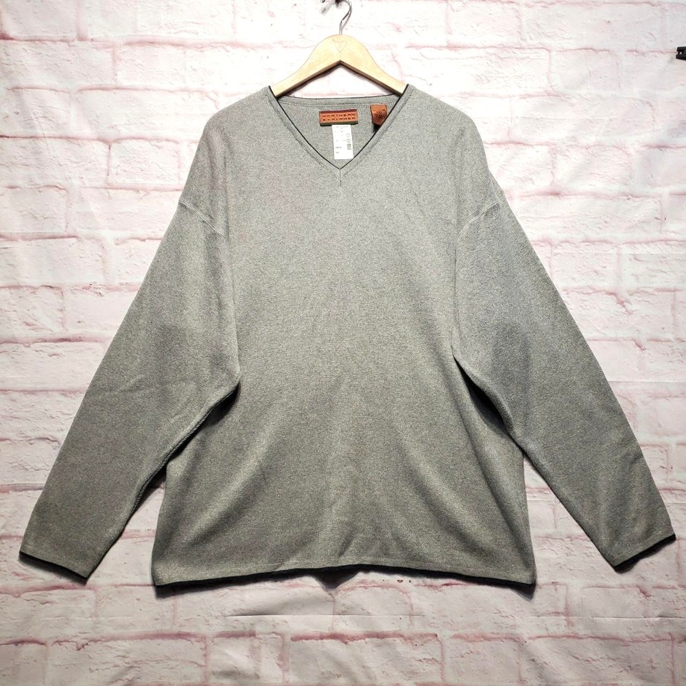 NWT Northern Explorer Sweater Mens XL Gray Cotton V-Neck Knit Pullover Classic‎